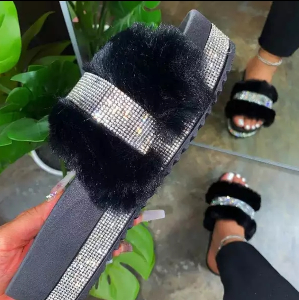 Furry rhinestone sandals
